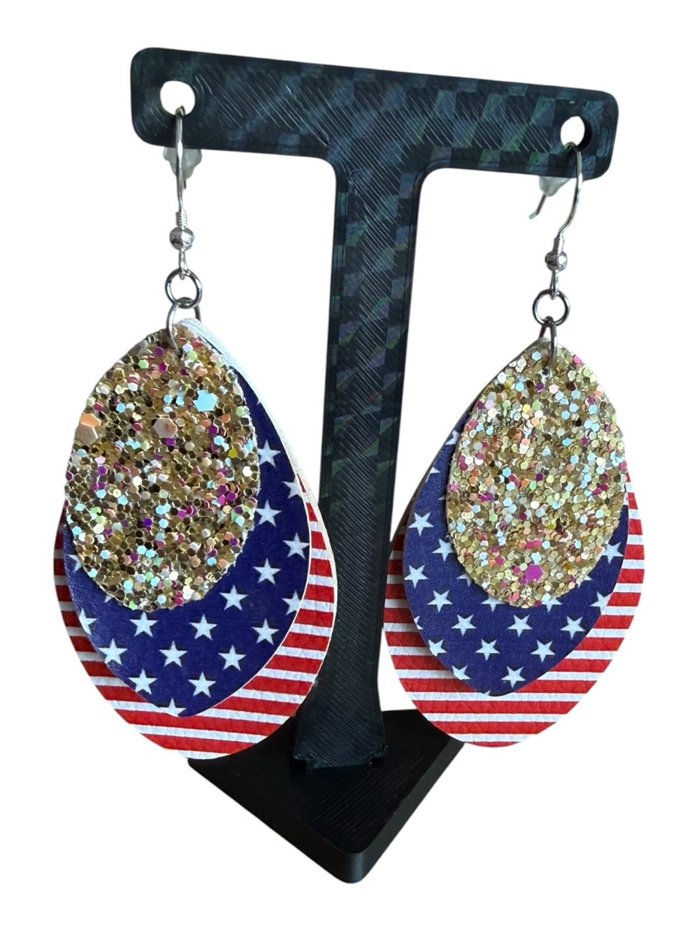 Source Unknown Gold Glitter and Red White Blue Flag Teardrop Dangle Earrings